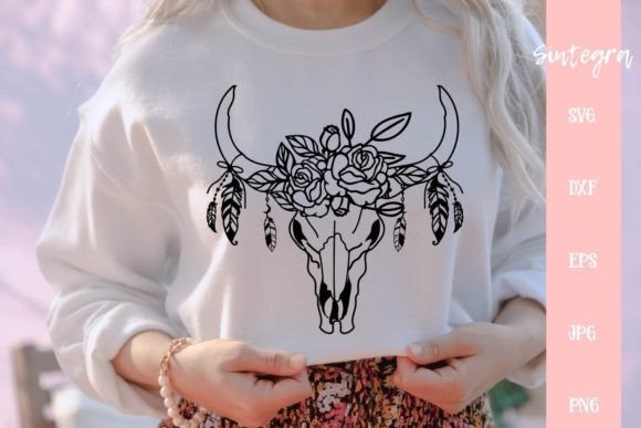 Floral Cow Skull with Feathers SVG